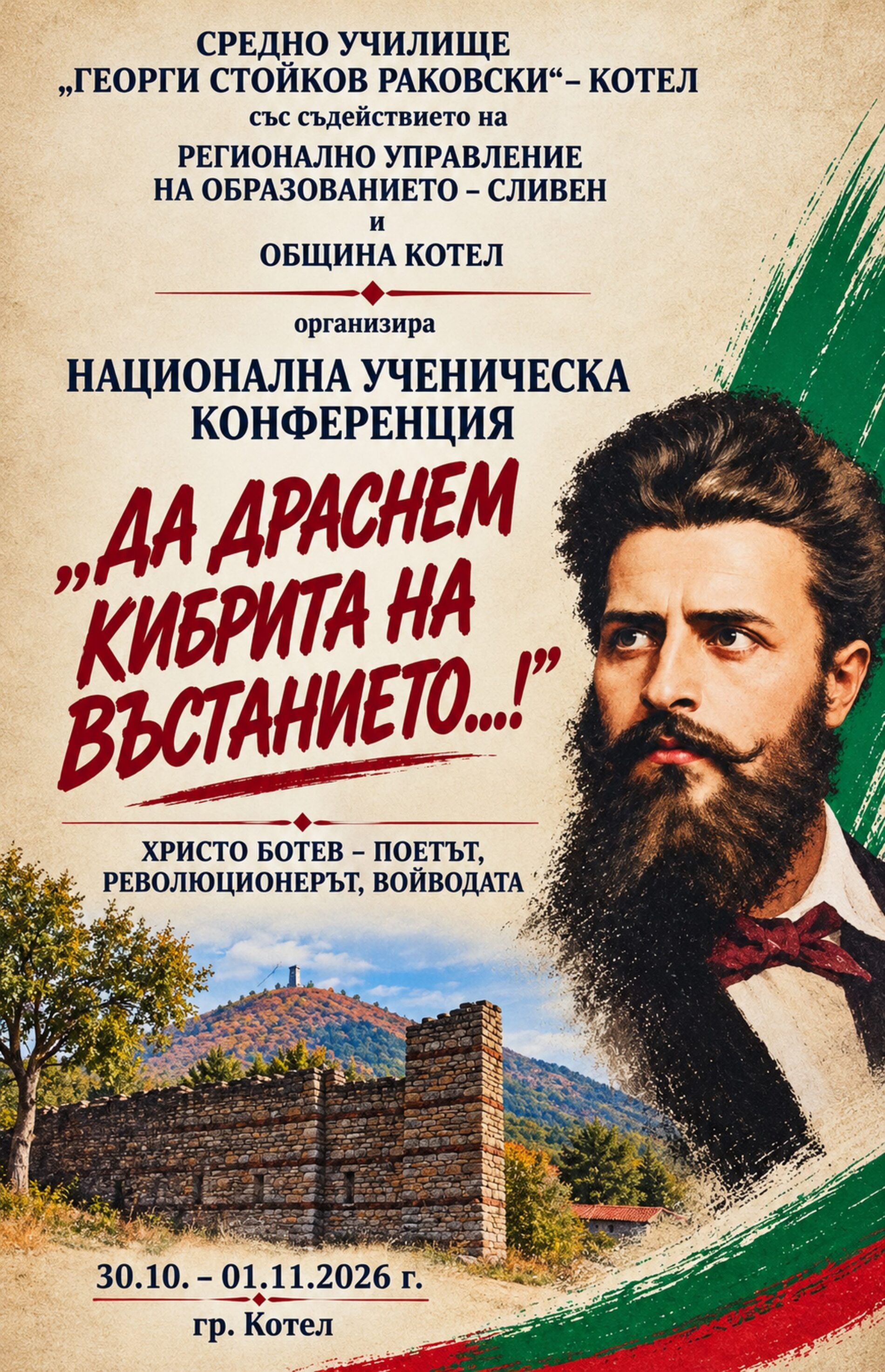 БЛИЗО 100 УЧАСТНИЦИ СЪБИРА В КОТЕЛ НАЦИОНАЛНА УЧЕНИЧЕСКА КОНФЕРЕНЦИЯ, ПОСВЕТЕНА НА ХРИСТО БОТЕВ И АПРИЛСКОТО ВЪСТАНИЕ
